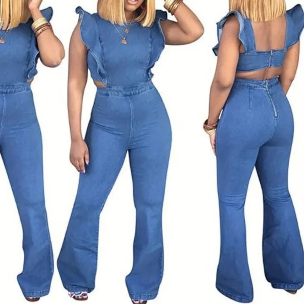 Women's Sexy Ruffled Soft Denim Blue Open Back Wide-Leg Jumpsuit With Zipper XXl